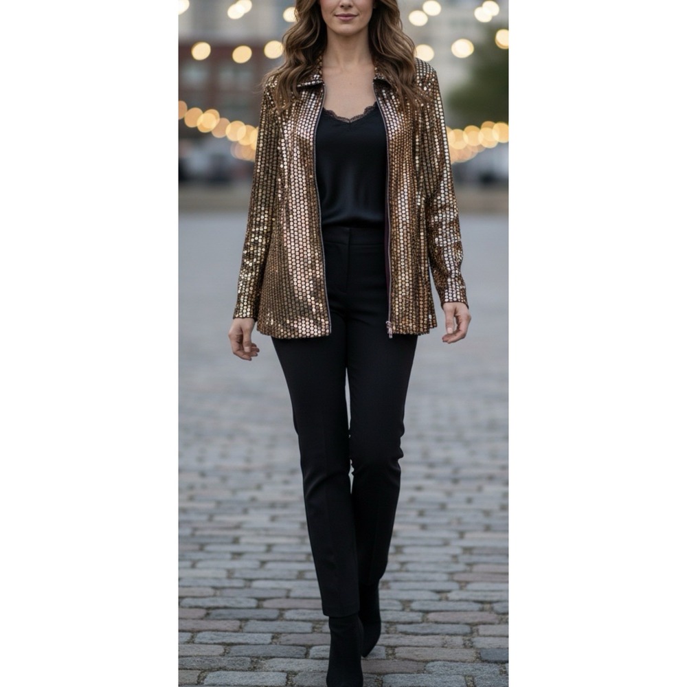Misook L Gold Metallic Square Sequin Full Zip Jacket Glam Shimmer Party Holiday